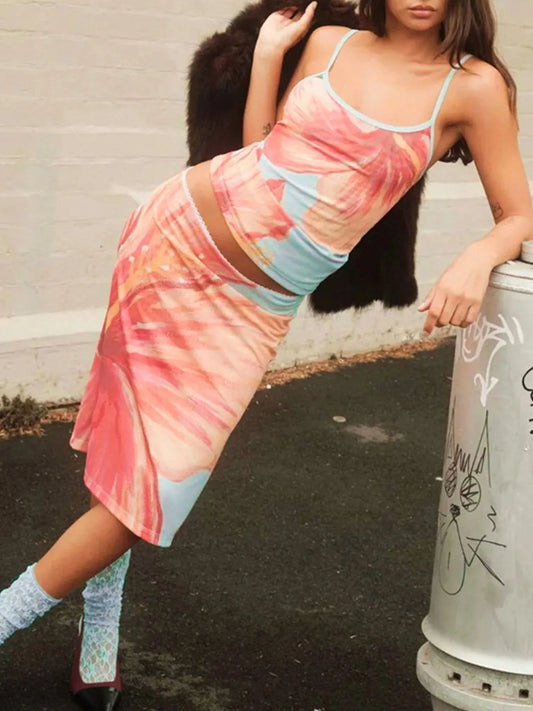 Printed Scoop Neck Cami and Skirt Set - Velora Luxury Fashion