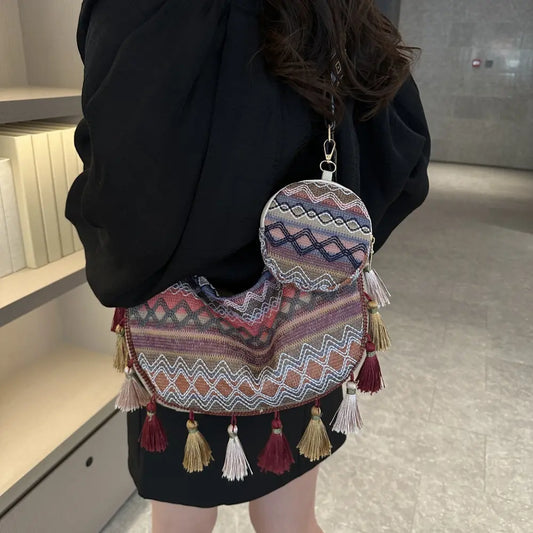 Printed Tassel Detail Crossbody Bag with Small Purse - Velora Luxury Fashion