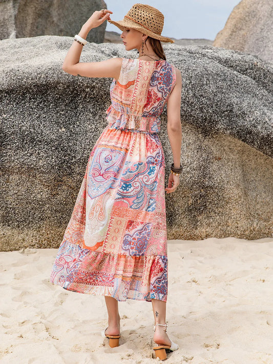 Printed V-Neck Top and Midi Skirt Set - Velora Luxury Fashion
