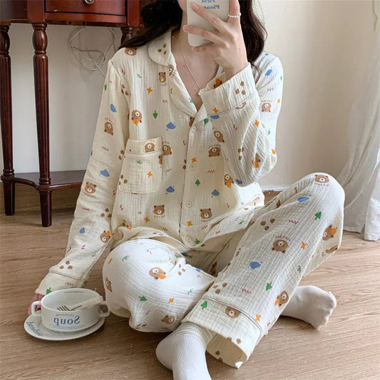 Pure Cotton Cartoon Long-sleeved Pajamas Set Letter Bear Homewear For Women EX-STOCK Canada