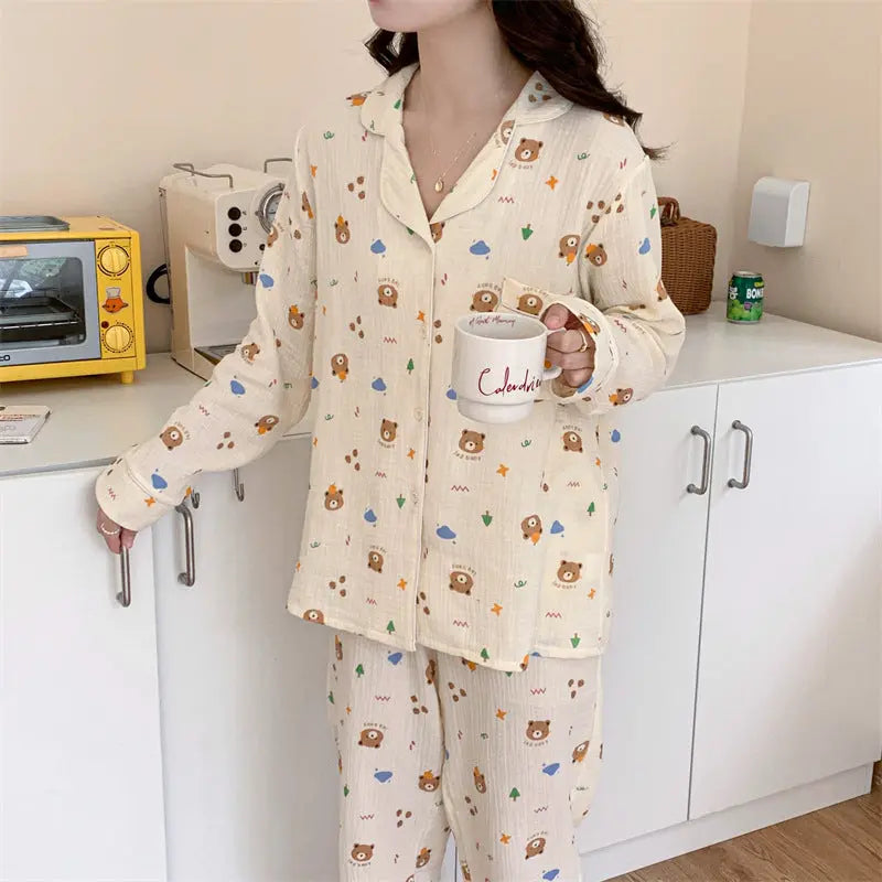 Pure Cotton Cartoon Long-sleeved Pajamas Set Letter Bear Homewear For Women EX-STOCK Canada