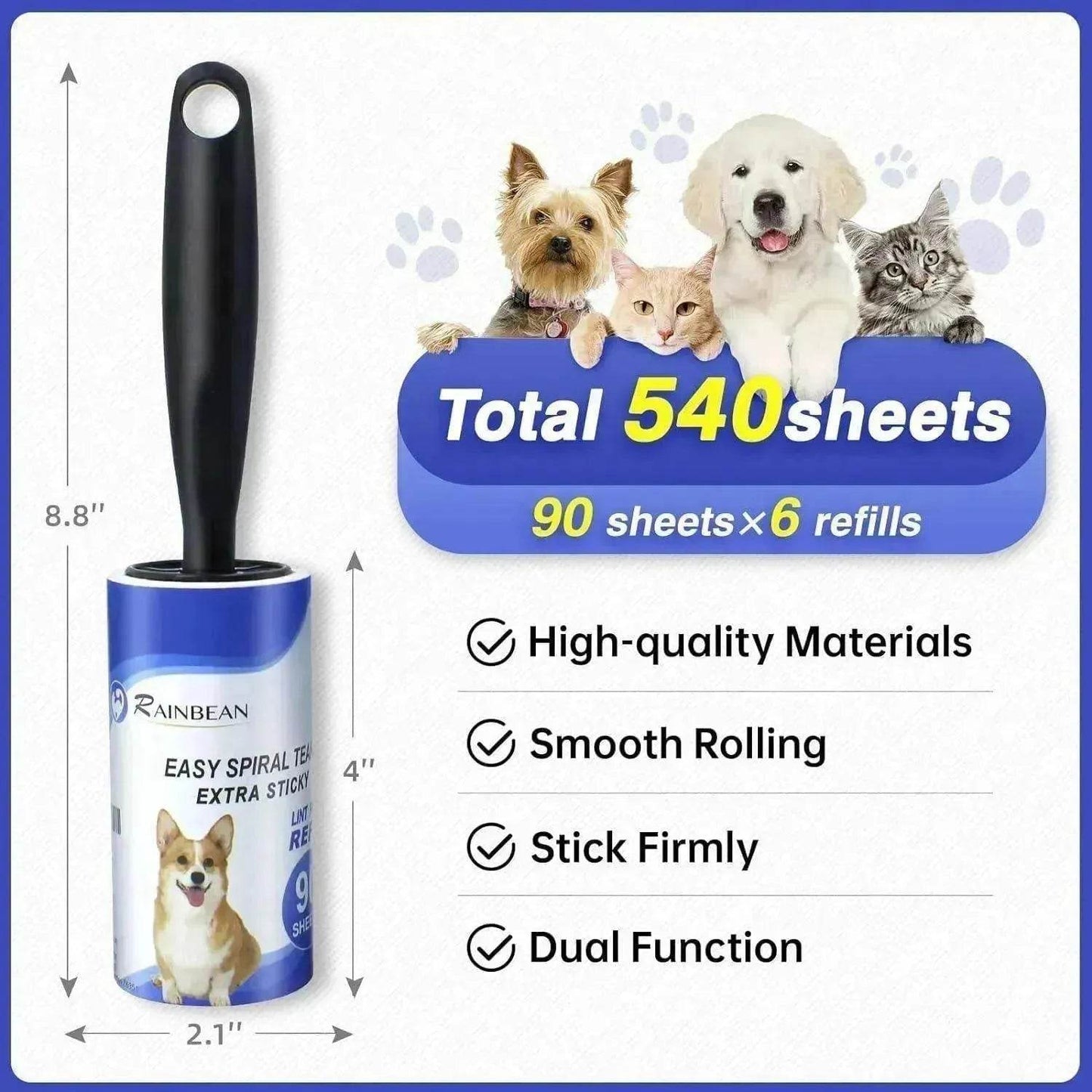 RAINBEAN Pet Hair Lint Roller, 540 Sheets, 6 Refills, 2 Handles - Velora