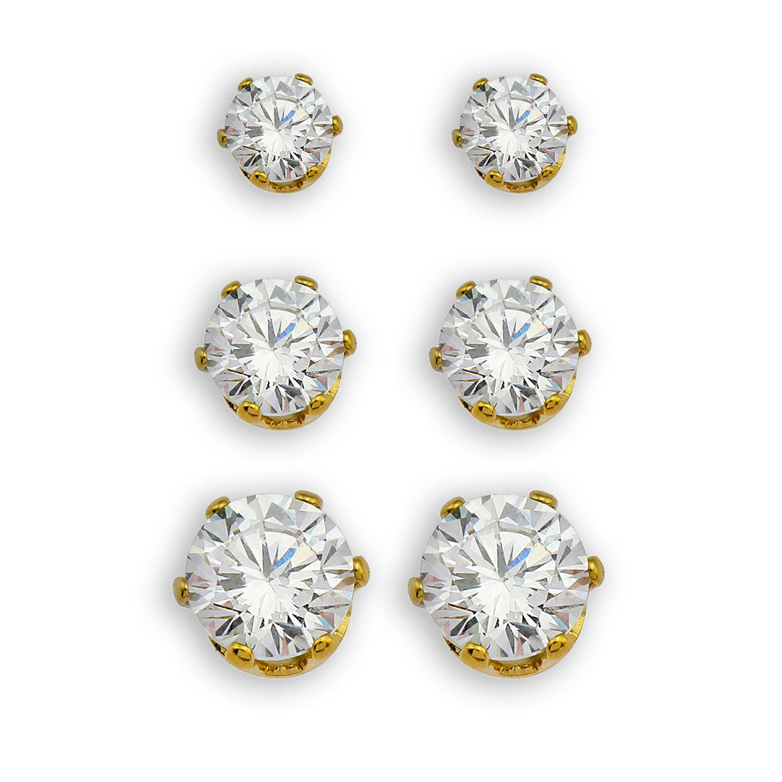 REIGN Gold: 3-Pair Zirconia Earrings Stud Set - Velora