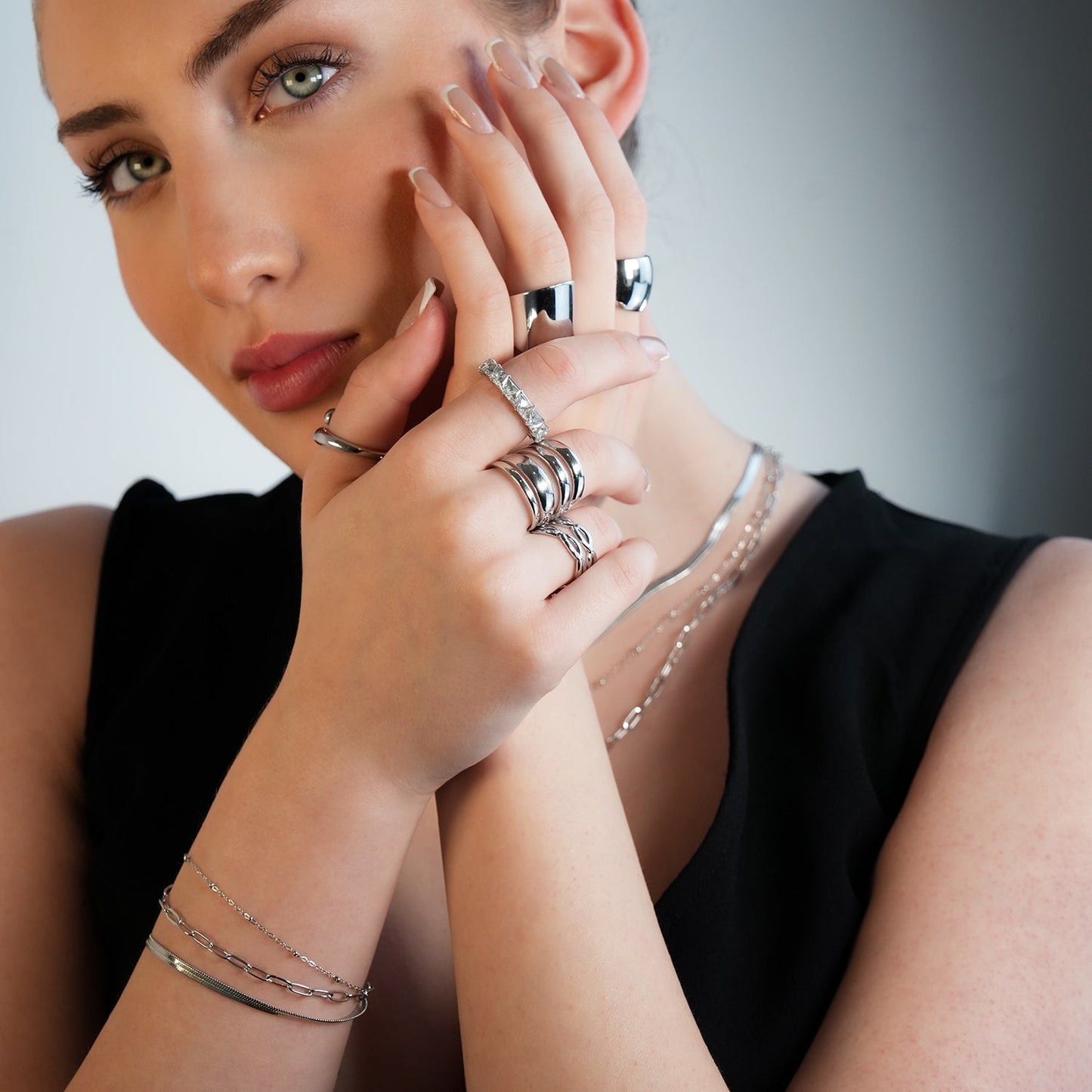 REINEDA: Triple Stacked White Gold (Silver Toned) Bracelet - Velora
