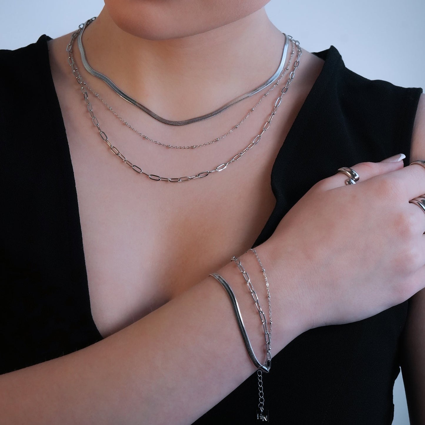 REINEDA: Triple Stacked White Gold (Silver Toned) Bracelet - Velora