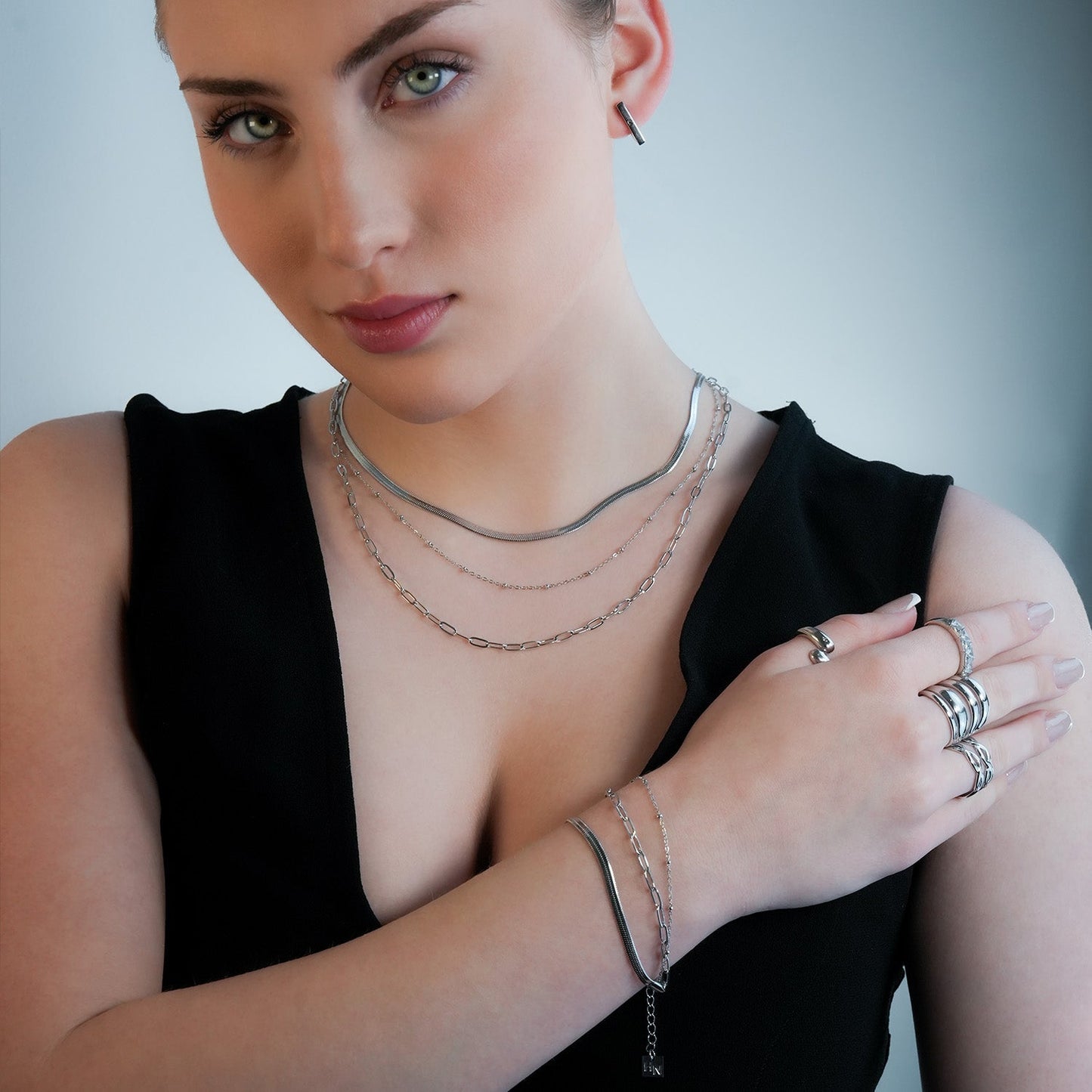 REINEDA: Triple Stacked White Gold (Silver Toned) Bracelet - Velora