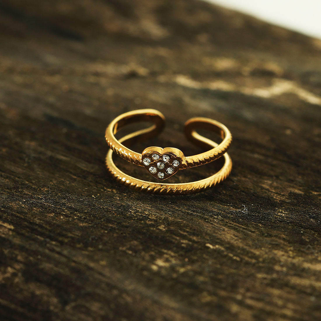 RENEE Gold: Double Stacked Zirconia (CZ) Embellished Heart Ring - Velora