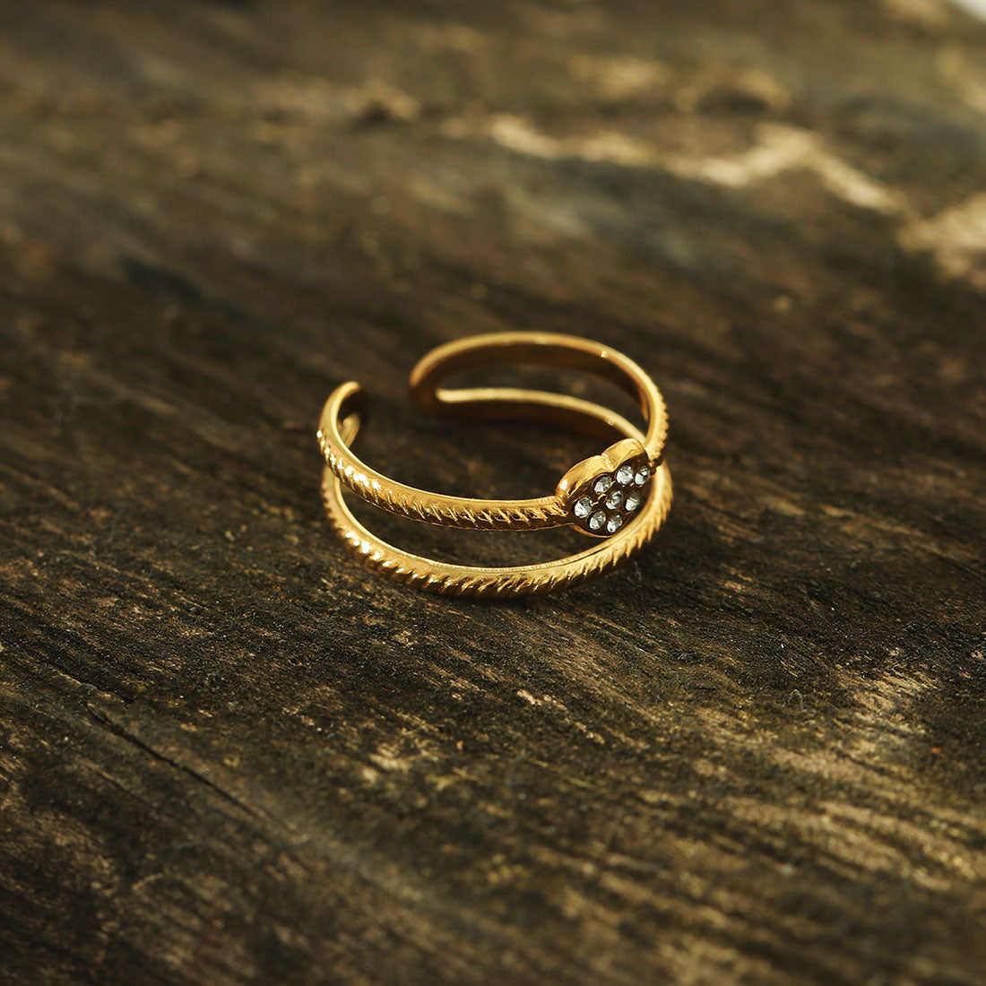 RENEE Gold: Double Stacked Zirconia (CZ) Embellished Heart Ring - Velora