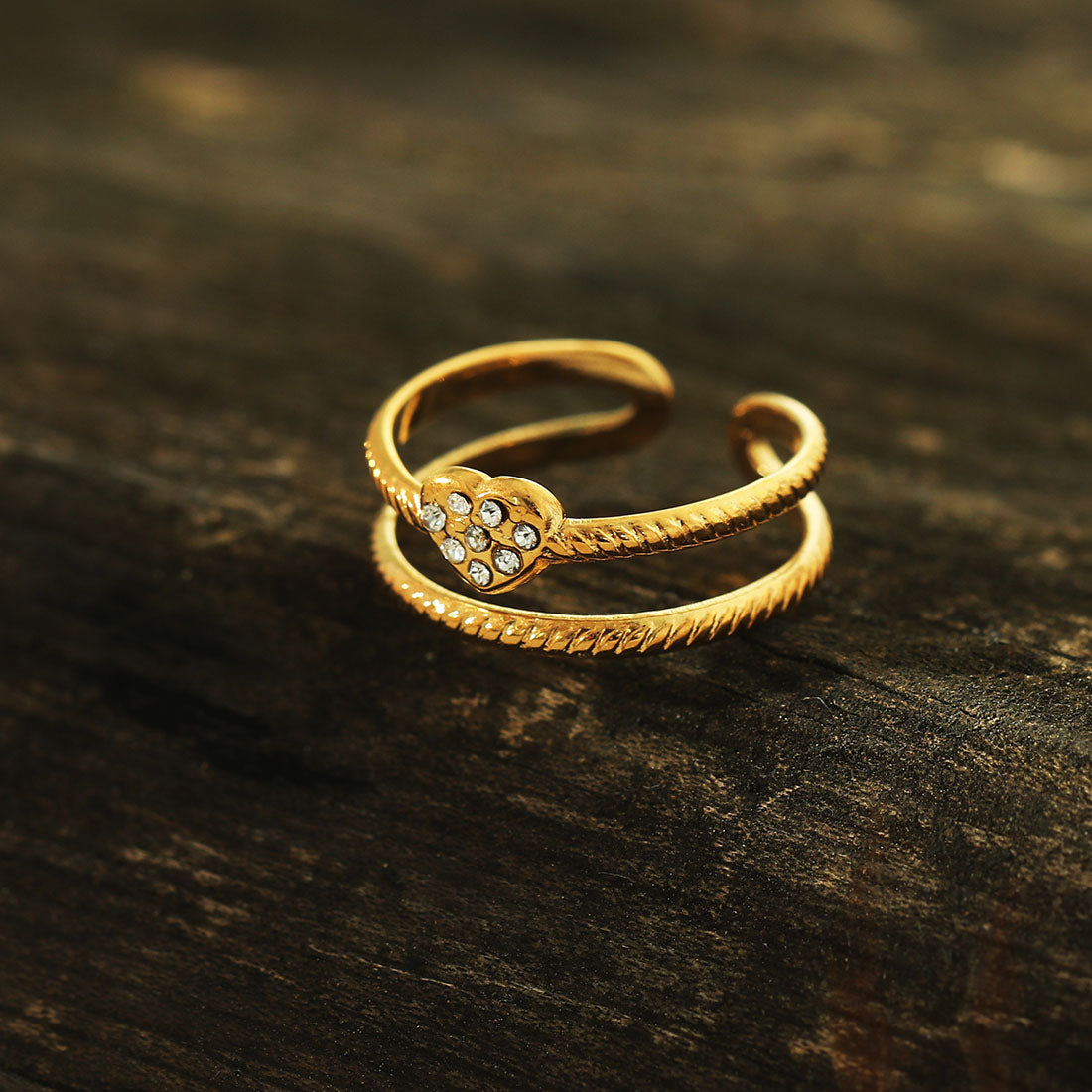 RENEE Gold: Double Stacked Zirconia (CZ) Embellished Heart Ring - Velora