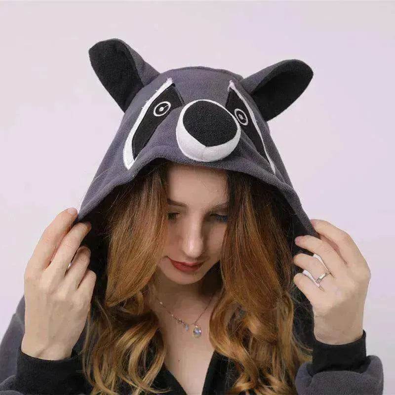 Raccoon cartoon animal one-piece pajamas polar fleece material - Velora