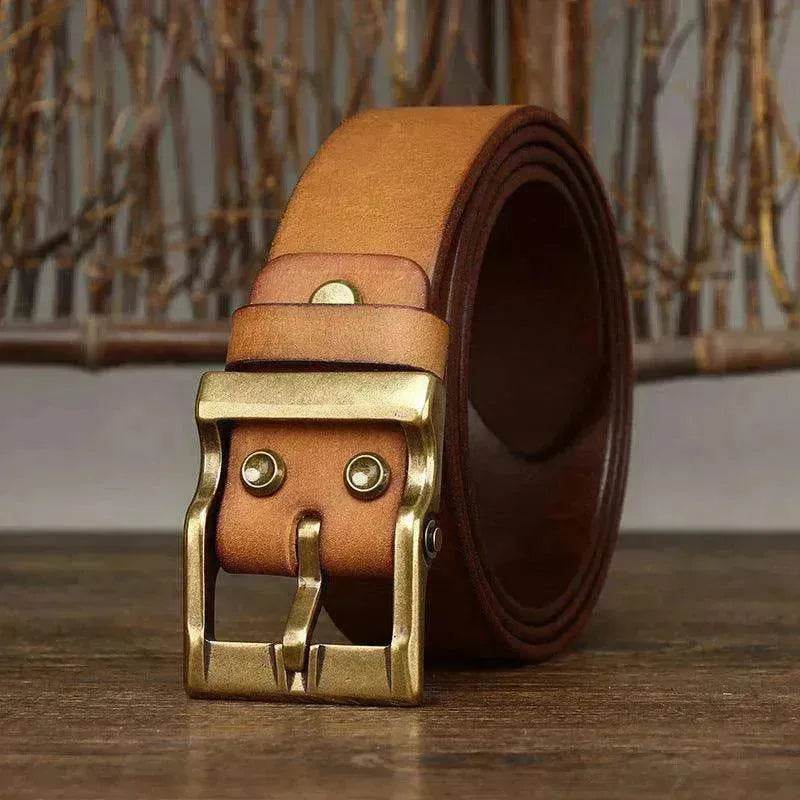 Retro Washed Matte Top-grain Leather Brass Buckle Belt - Velora