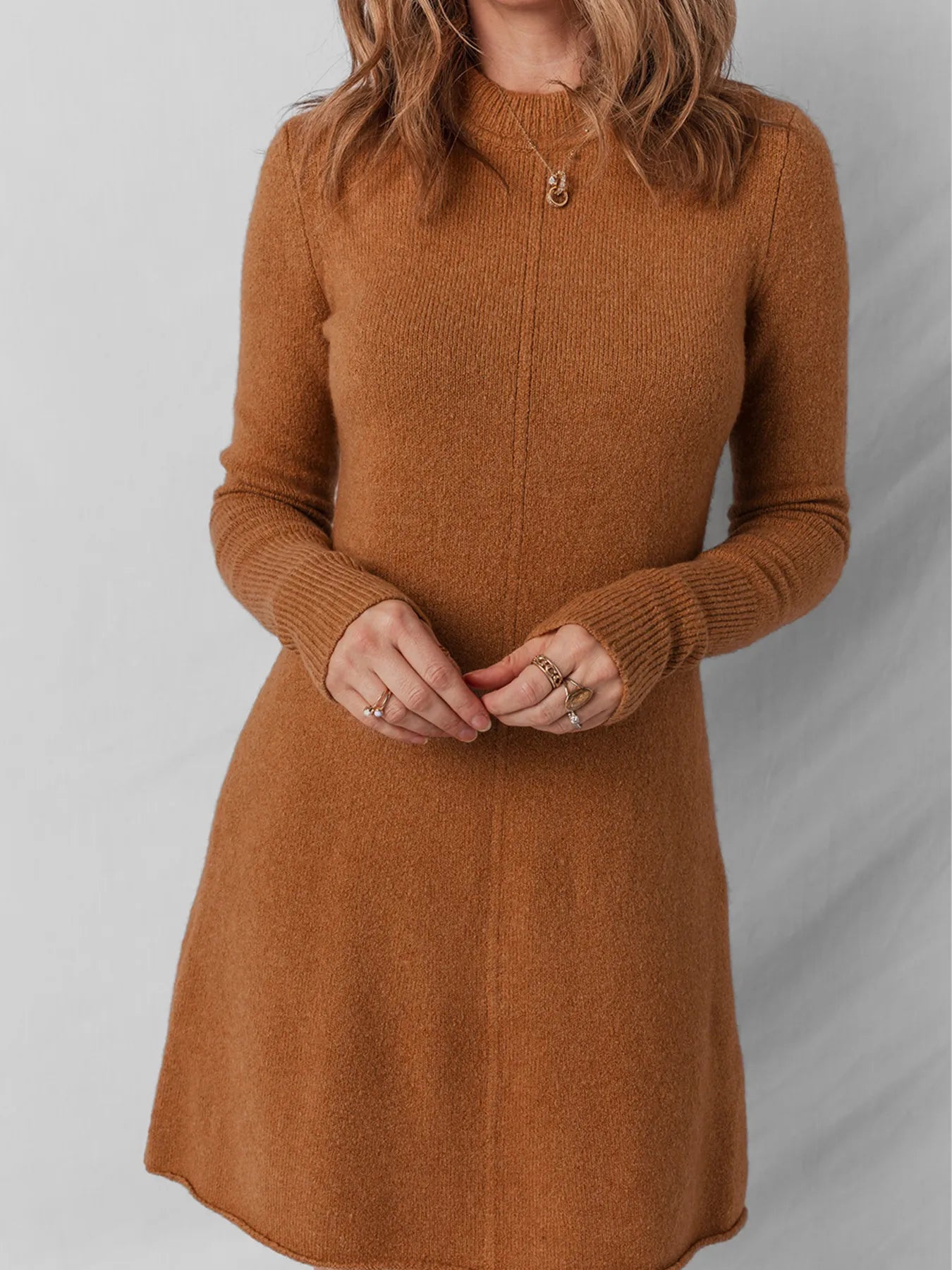 Ribbed Detail Solid Color Mini Sweater Dress - Velora Luxury Fashion