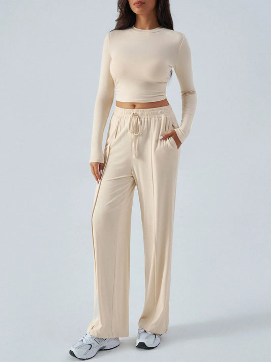 Round Neck Long Sleeve Top and Pants Set - Velora Luxury Fashion