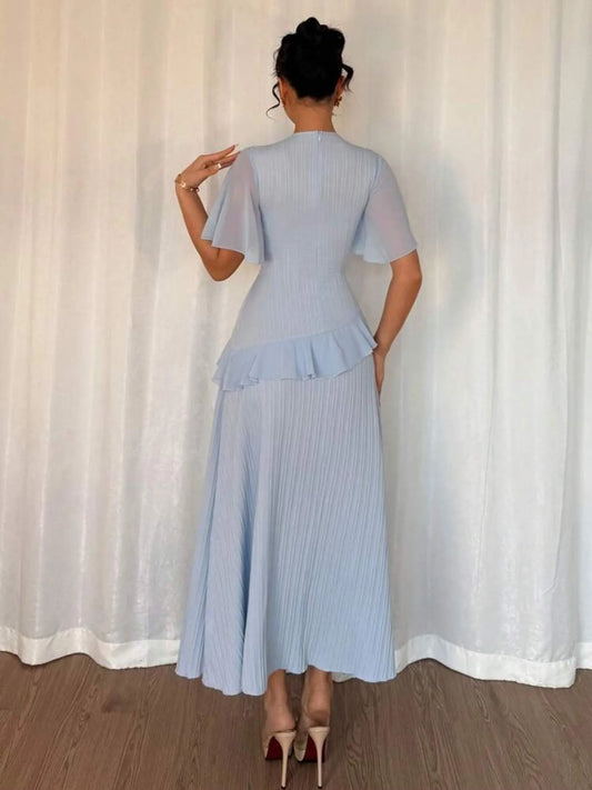 Ruffled Round Neck Flutter Sleeve Dress - Velora Luxury Fashion