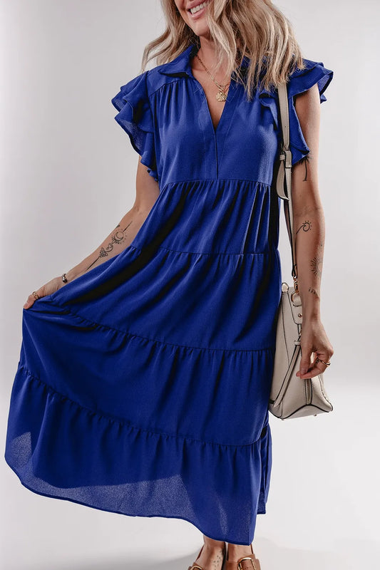 Ruffled Short Sleeve Collared V Neck Tiered Midi Dress - Velora Luxury Fashion