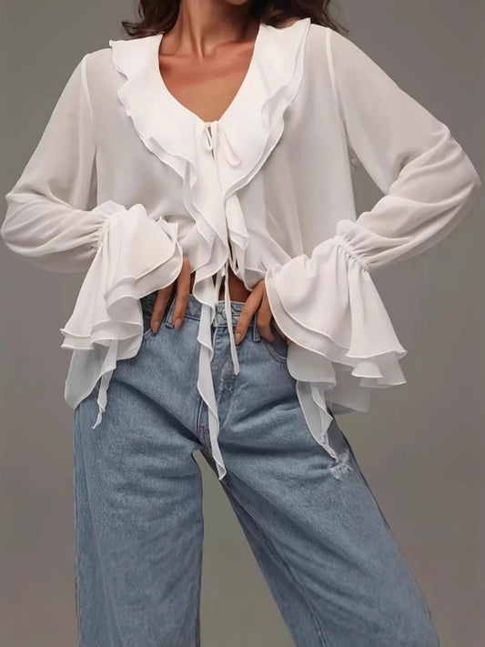 Ruffled V-Neck Flounce Sleeve Blouse - Velora Luxury Fashion