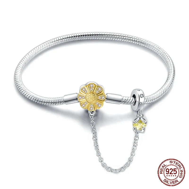 Radiant Daisy Sterling Silver Charm Bracelet With Dangling Chain - Velora