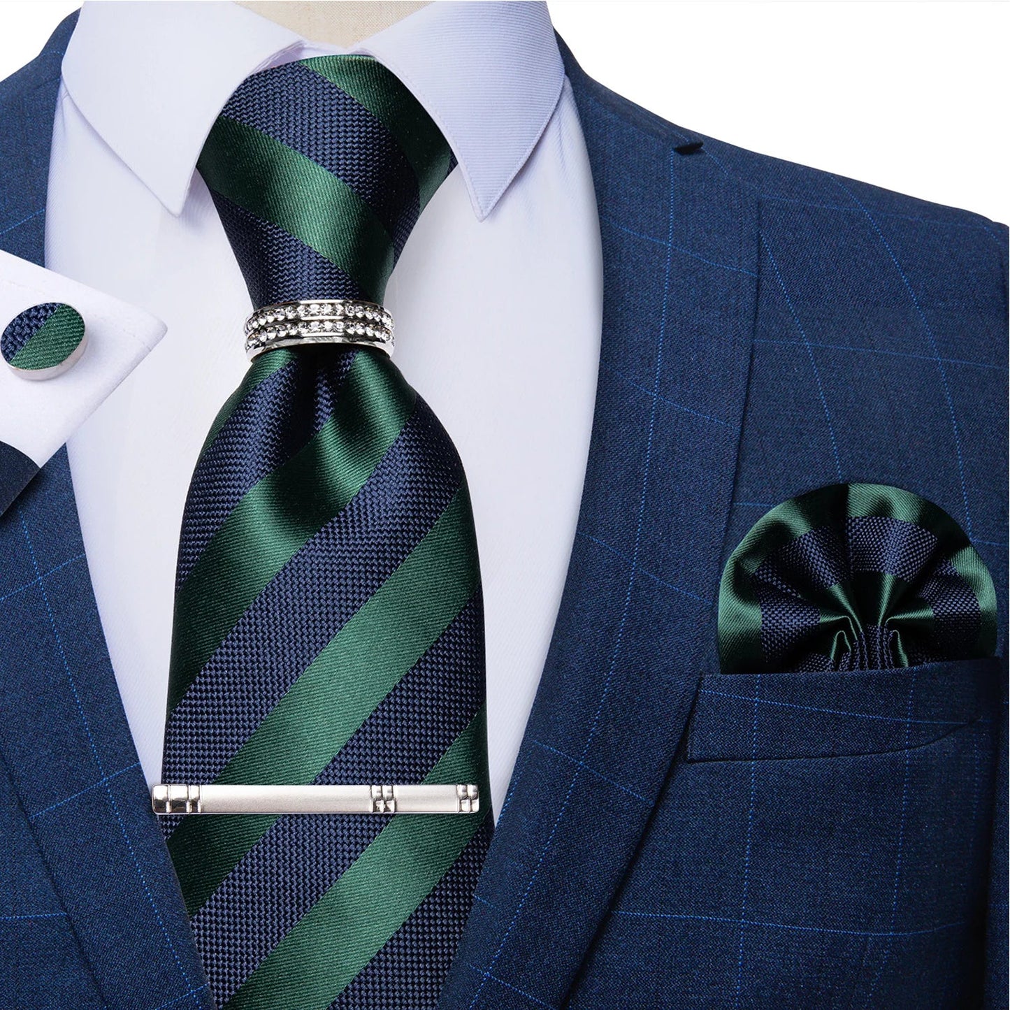 Blue Royal Dot Pliad Mens Tie set with Silver Clip and Ring Business Wedding Party Accessories 8cm Necktie Handkerchief Cufflink - Velora