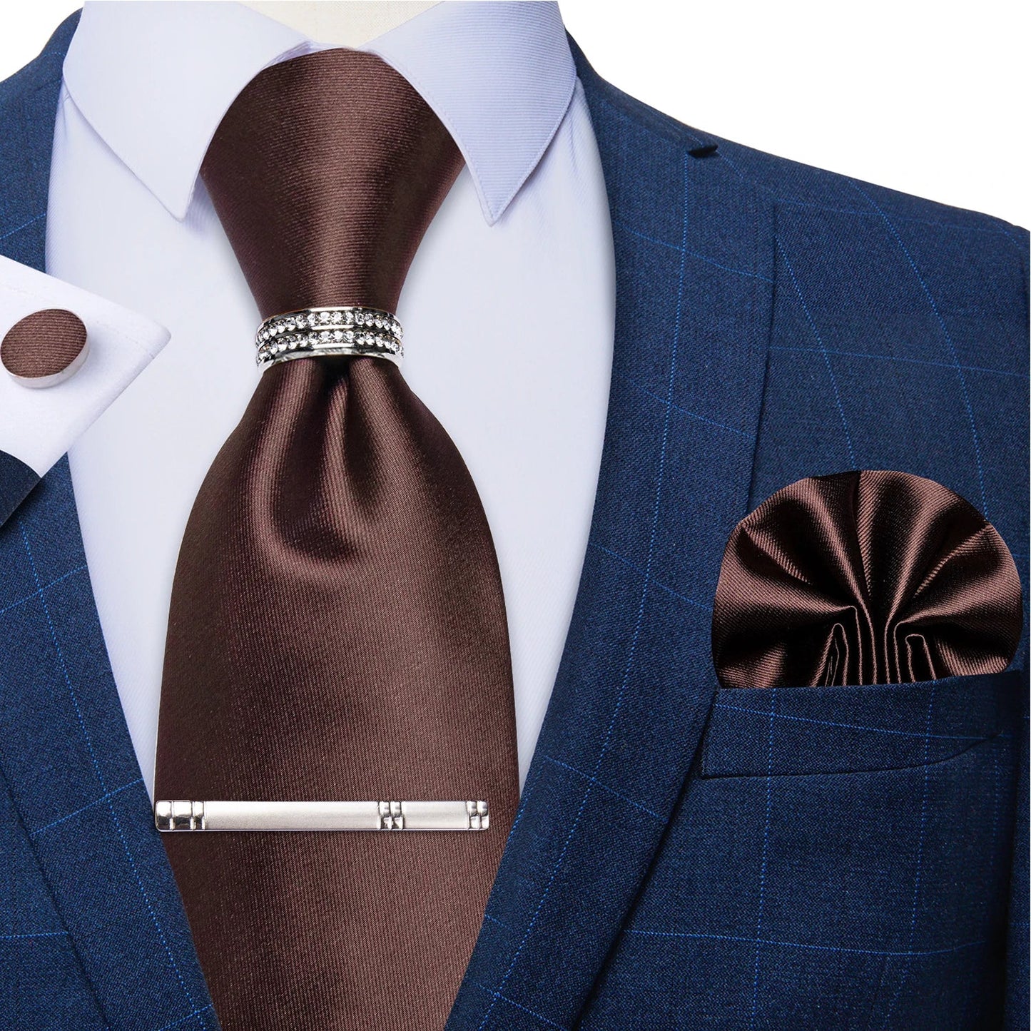 Blue Royal Dot Pliad Mens Tie set with Silver Clip and Ring Business Wedding Party Accessories 8cm Necktie Handkerchief Cufflink - Velora