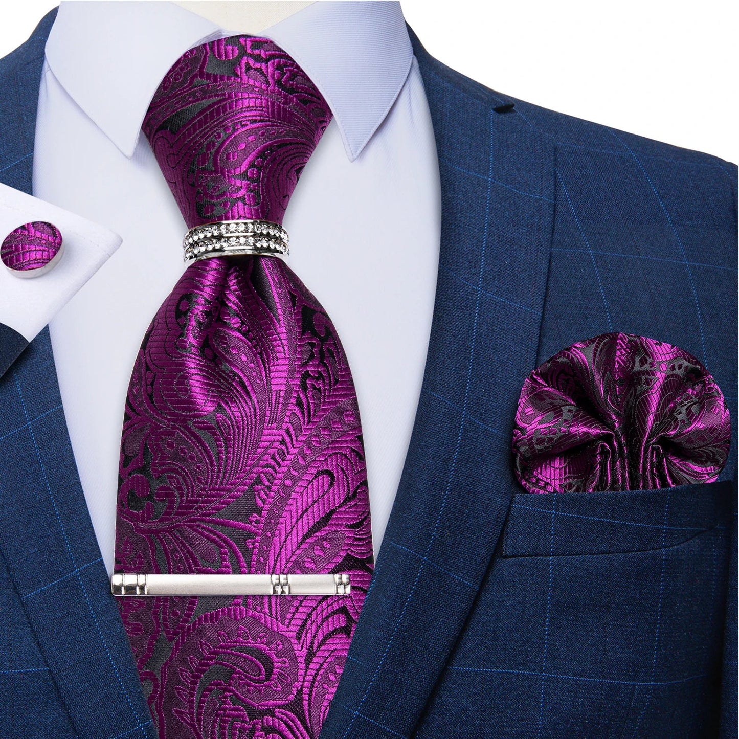 Blue Royal Dot Pliad Mens Tie set with Silver Clip and Ring Business Wedding Party Accessories 8cm Necktie Handkerchief Cufflink - Velora