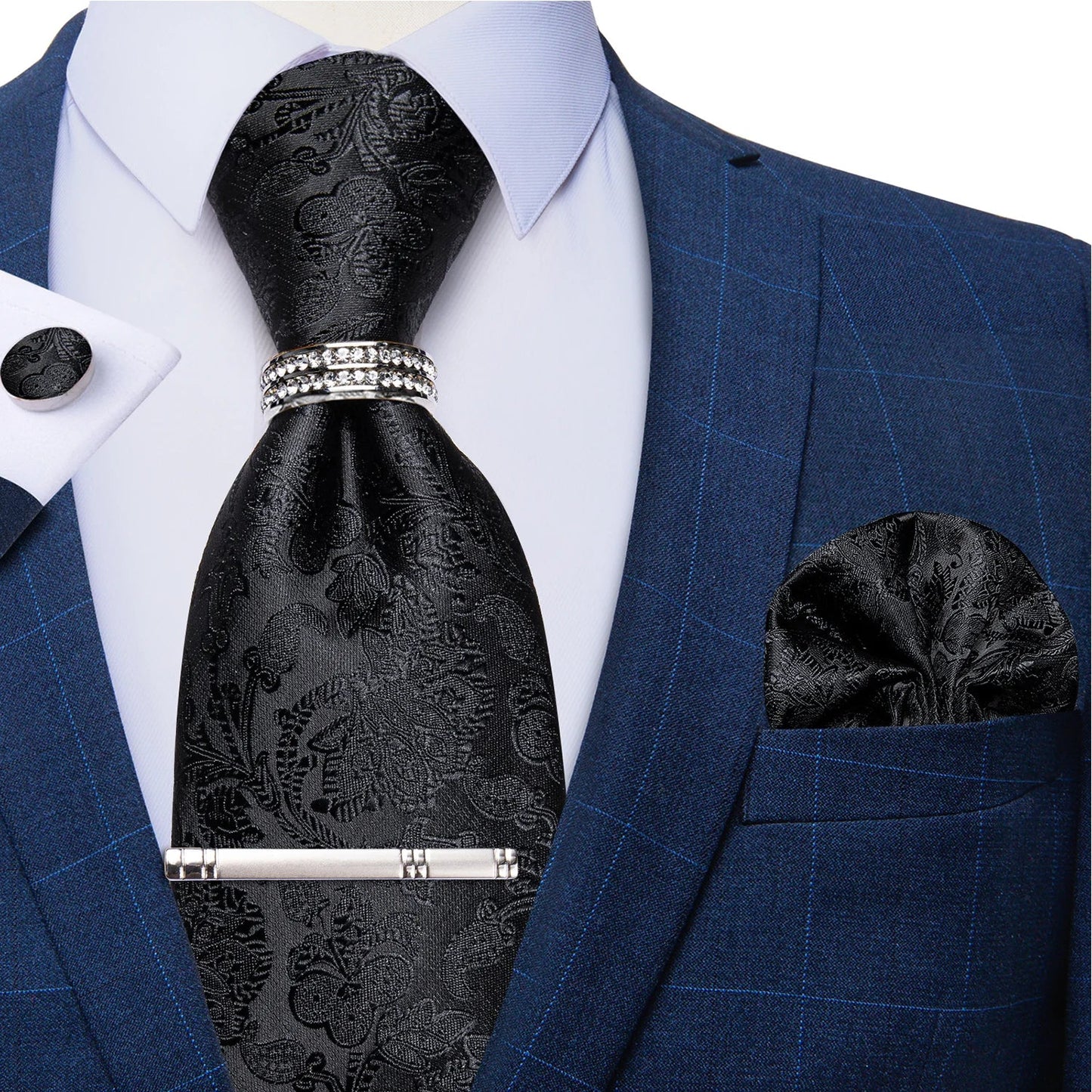 Blue Royal Dot Pliad Mens Tie set with Silver Clip and Ring Business Wedding Party Accessories 8cm Necktie Handkerchief Cufflink - Velora