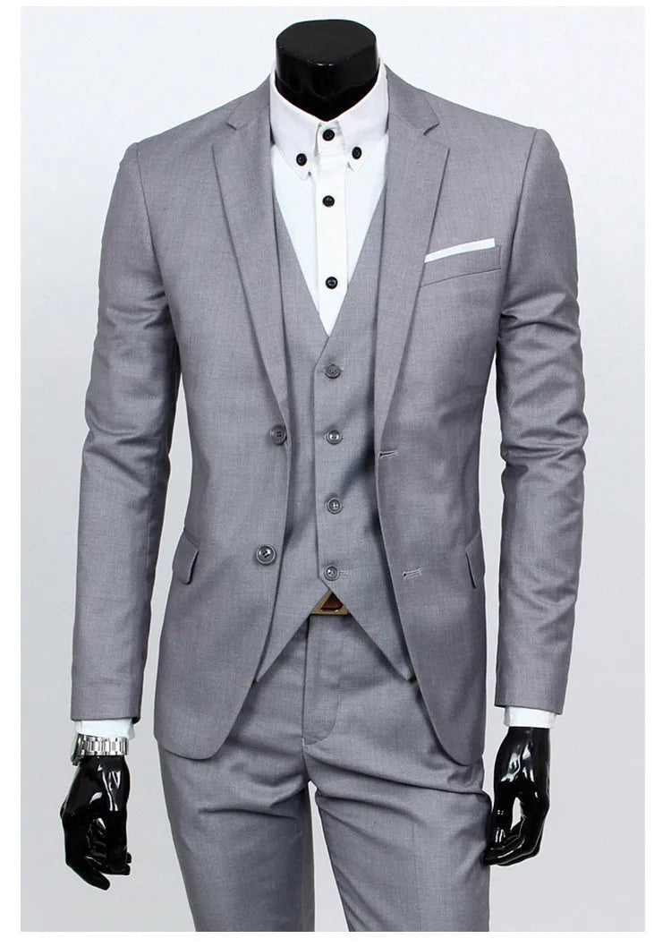 Spring Autumn New Fashion Men's Trendy Slim Business Solid Color 3 Pieces of Suits Sets Single Greasted Blazers Waistcoat Pants - Velora