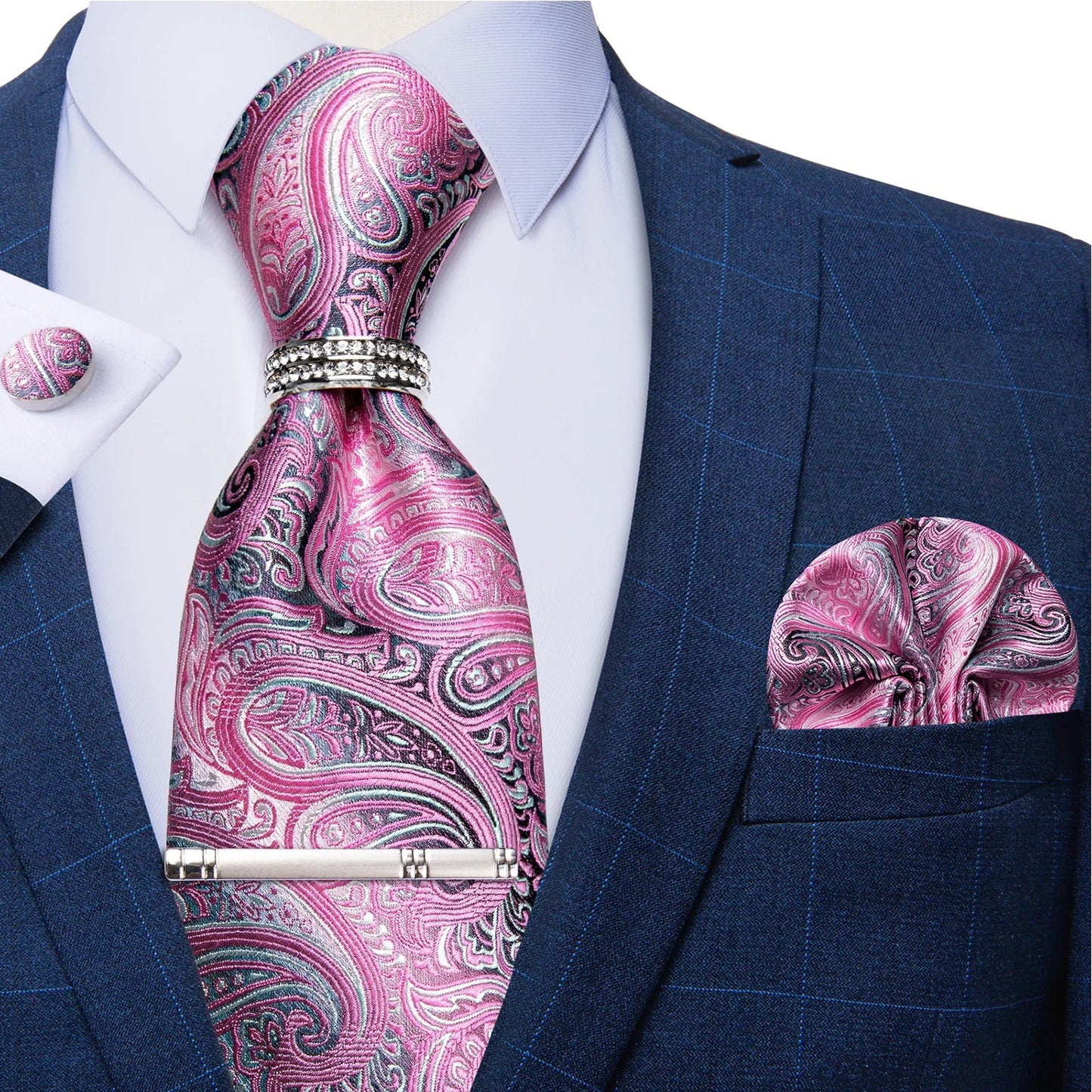 Blue Royal Dot Pliad Mens Tie set with Silver Clip and Ring Business Wedding Party Accessories 8cm Necktie Handkerchief Cufflink - Velora