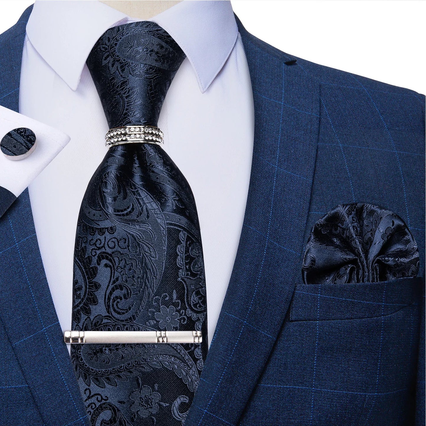 Blue Royal Dot Pliad Mens Tie set with Silver Clip and Ring Business Wedding Party Accessories 8cm Necktie Handkerchief Cufflink - Velora