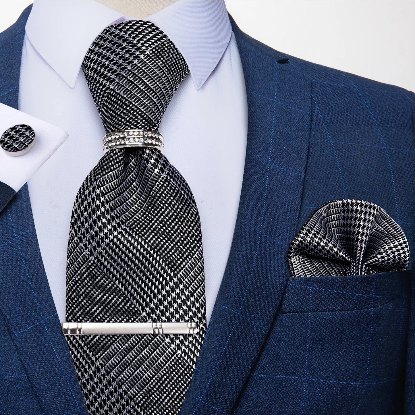 Blue Royal Dot Pliad Mens Tie set with Silver Clip and Ring Business Wedding Party Accessories 8cm Necktie Handkerchief Cufflink - Velora