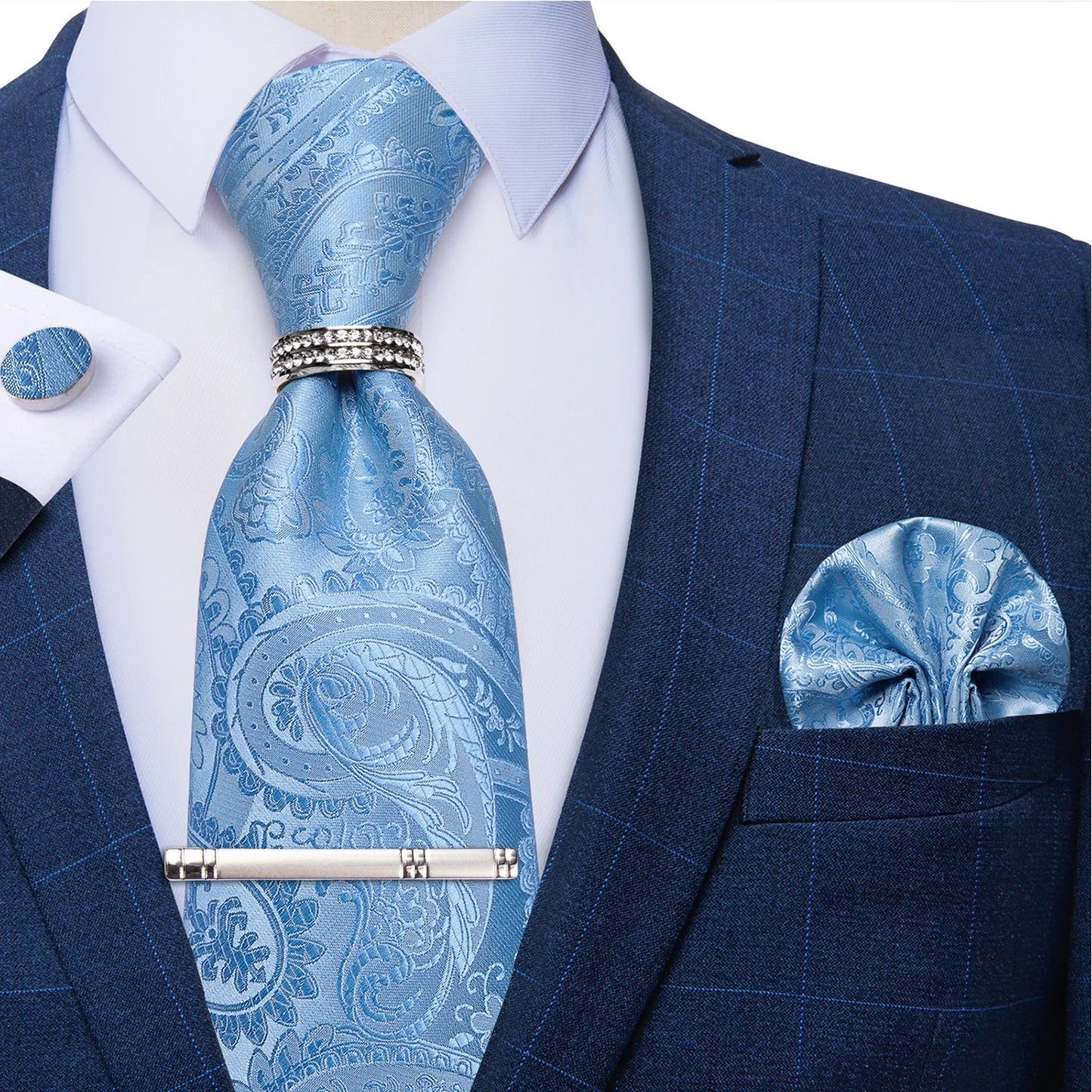 Blue Royal Dot Pliad Mens Tie set with Silver Clip and Ring Business Wedding Party Accessories 8cm Necktie Handkerchief Cufflink - Velora