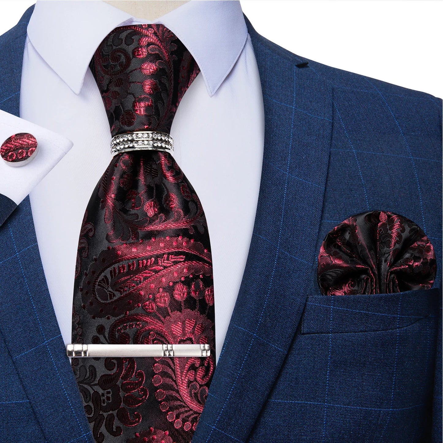 Blue Royal Dot Pliad Mens Tie set with Silver Clip and Ring Business Wedding Party Accessories 8cm Necktie Handkerchief Cufflink - Velora