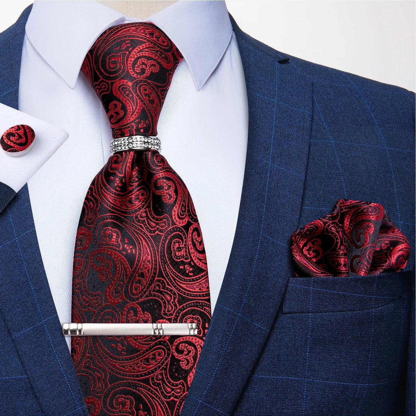 Blue Royal Dot Pliad Mens Tie set with Silver Clip and Ring Business Wedding Party Accessories 8cm Necktie Handkerchief Cufflink - Velora