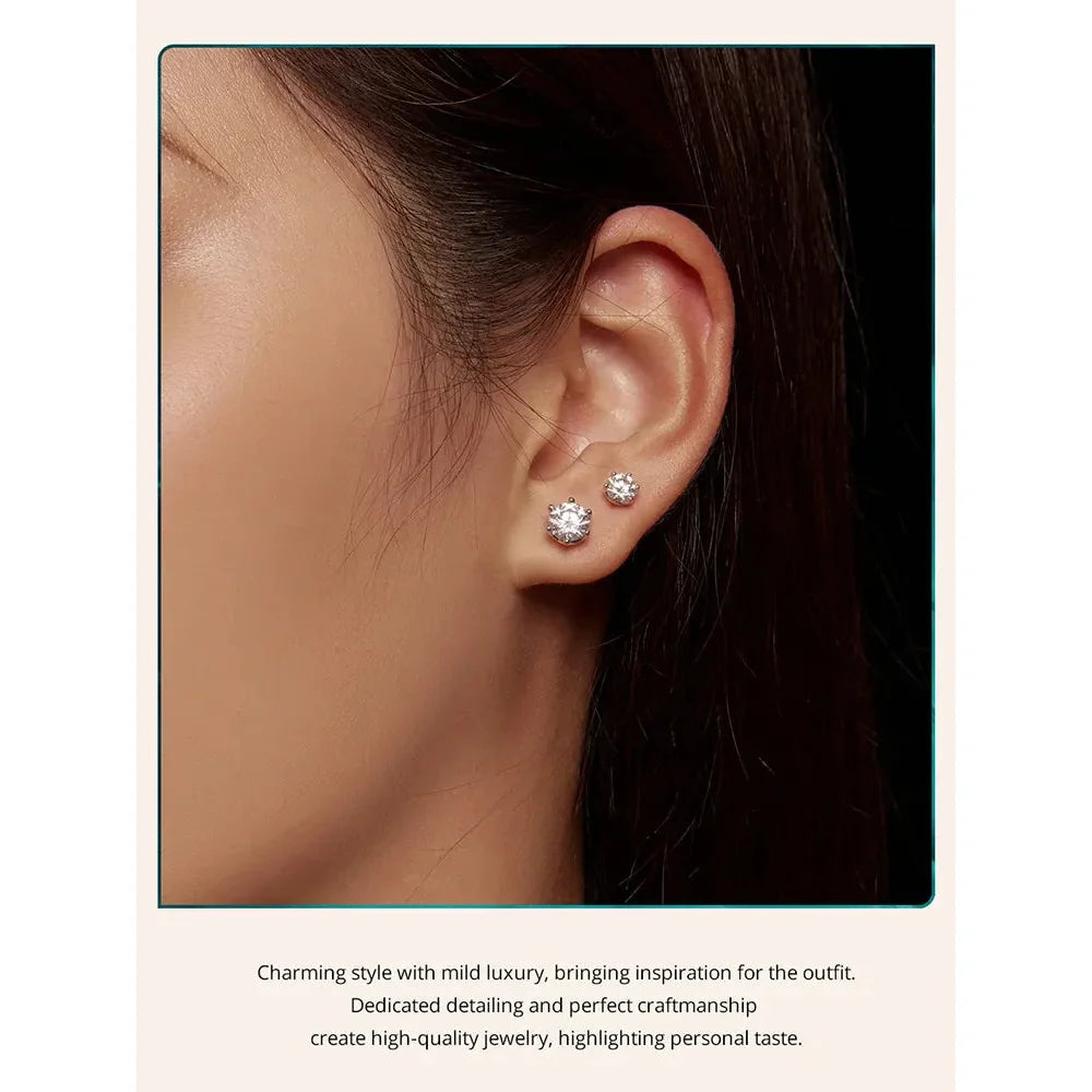 Radiant Moissanite Stud Earrings | D Color Round Cut 925 Silver, Gold Plated - Velora