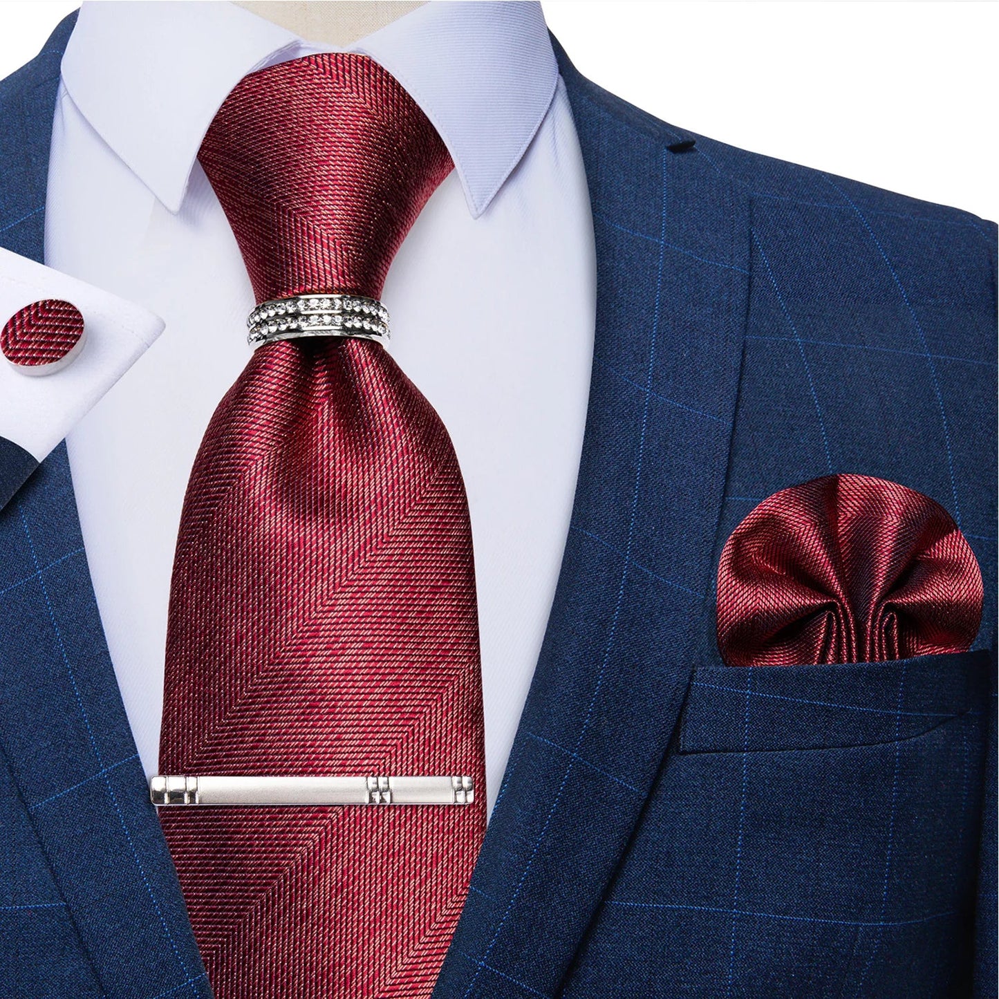 Blue Royal Dot Pliad Mens Tie set with Silver Clip and Ring Business Wedding Party Accessories 8cm Necktie Handkerchief Cufflink - Velora