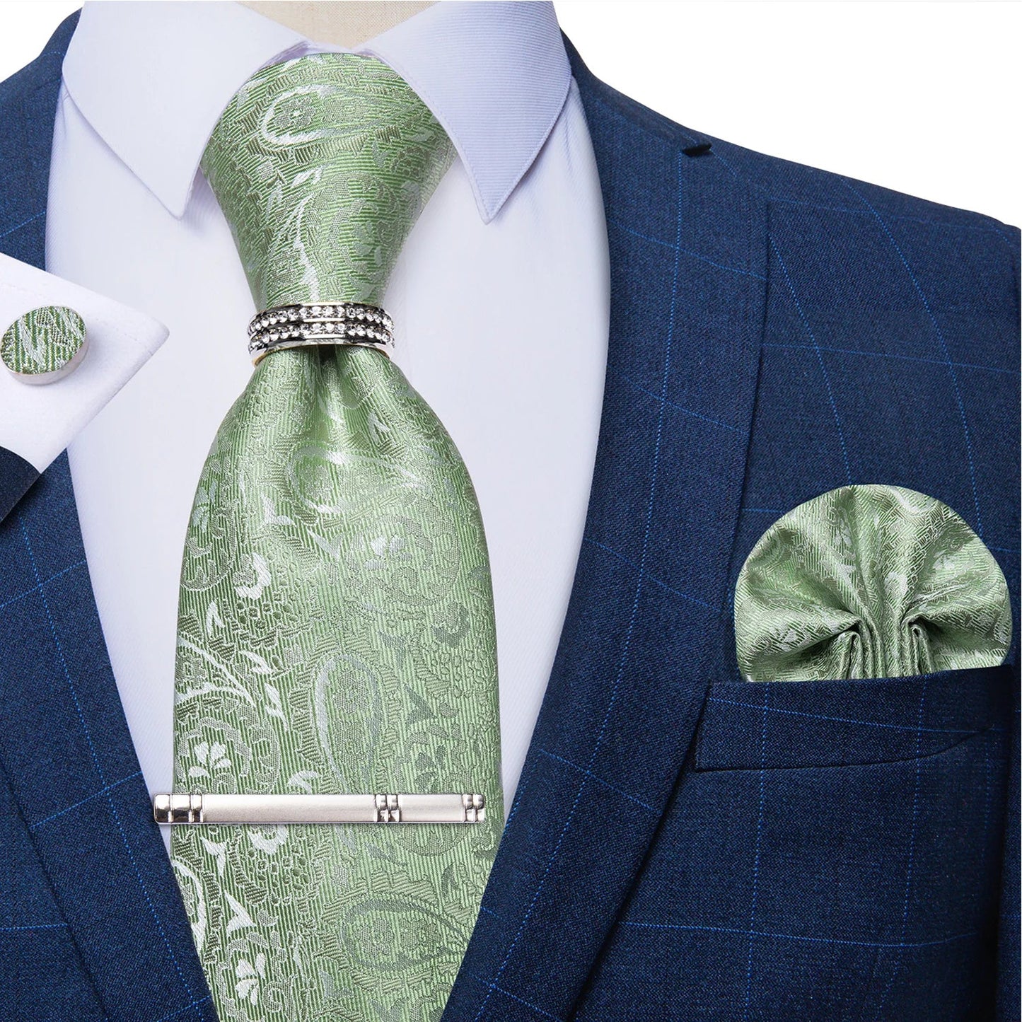 Blue Royal Dot Pliad Mens Tie set with Silver Clip and Ring Business Wedding Party Accessories 8cm Necktie Handkerchief Cufflink - Velora
