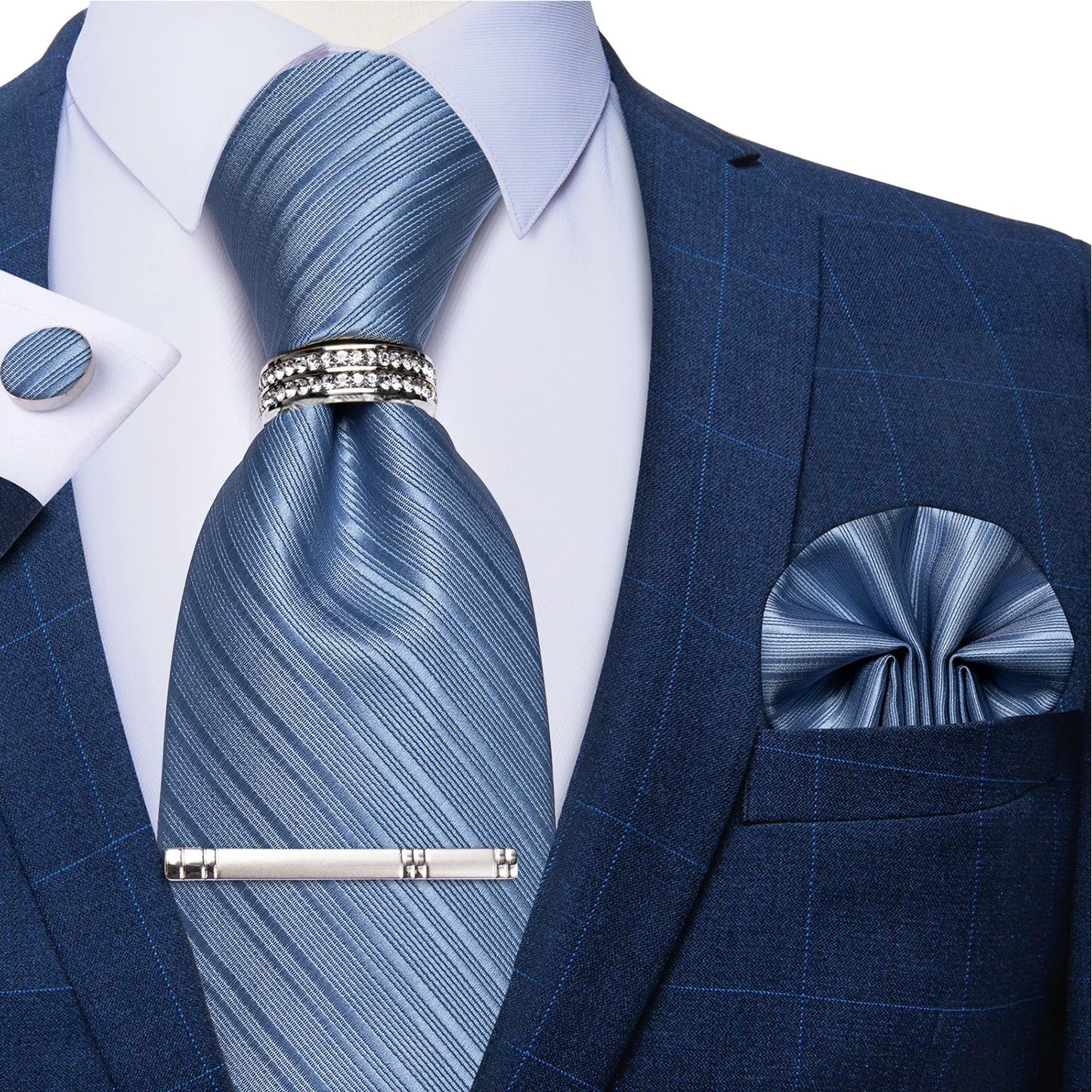 Blue Royal Dot Pliad Mens Tie set with Silver Clip and Ring Business Wedding Party Accessories 8cm Necktie Handkerchief Cufflink - Velora