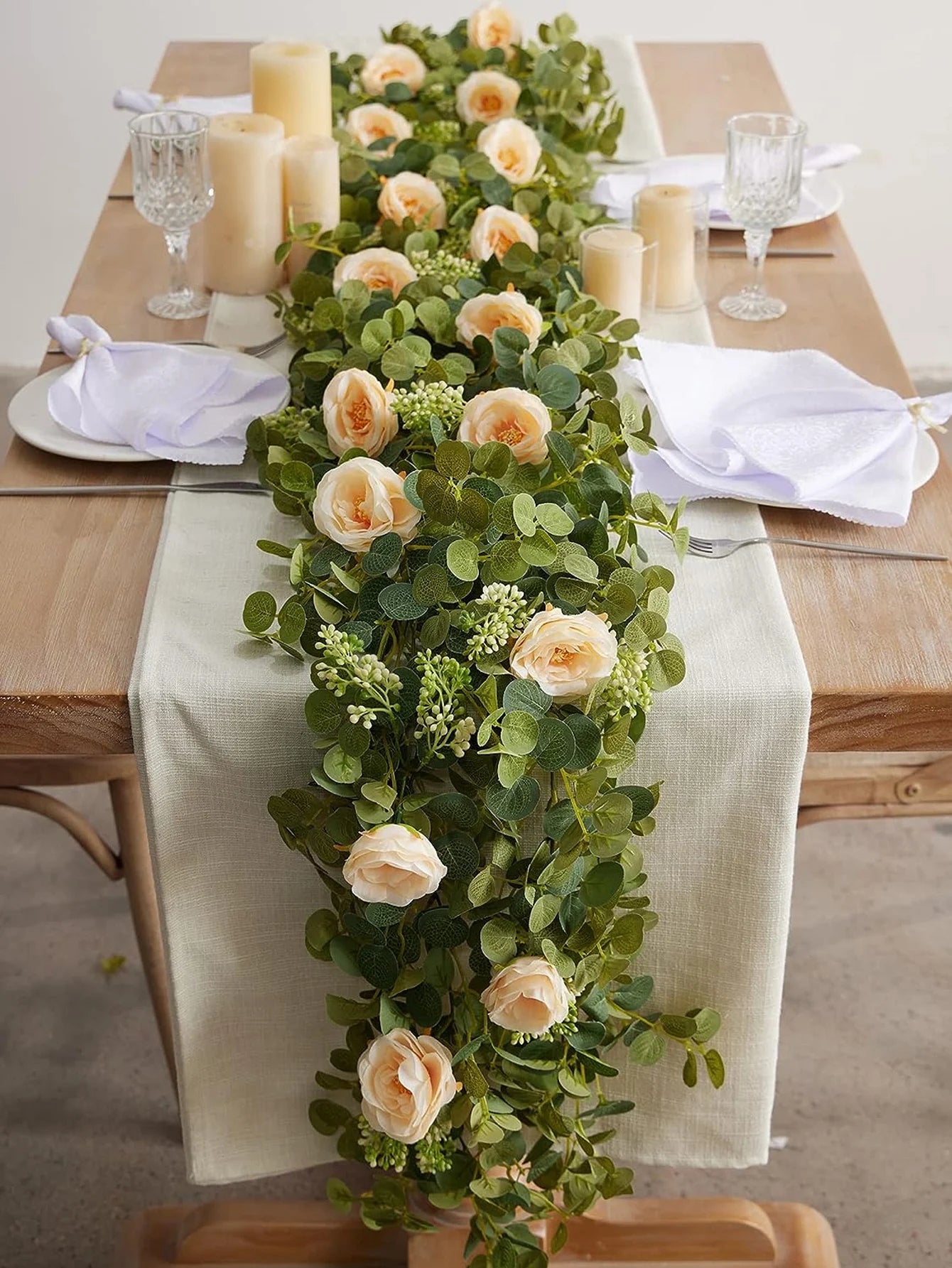 1pc 5.9FT Artificial Eucalyptus Vine Fake Rose Flowers Gypsophila Garland For Wedding Home Party Craft Art Table Runner Decor - Velora