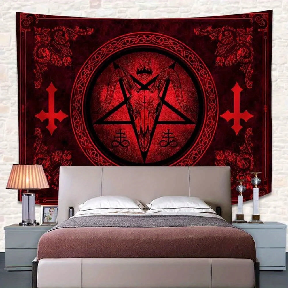 VIKAMA Halloween Dark Night Ritual Tapestry Satanic Goat Head Witch Secret Chamber Altar Bar Room Decoration - Velora
