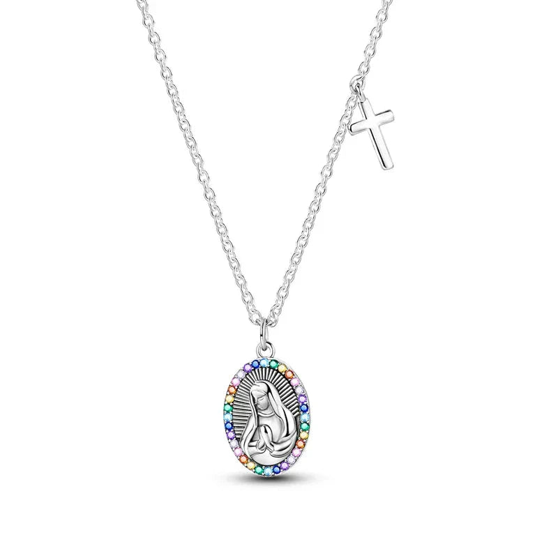 Radiant Virgin Mary Sterling Silver Pendant Necklace With Cross - Velora