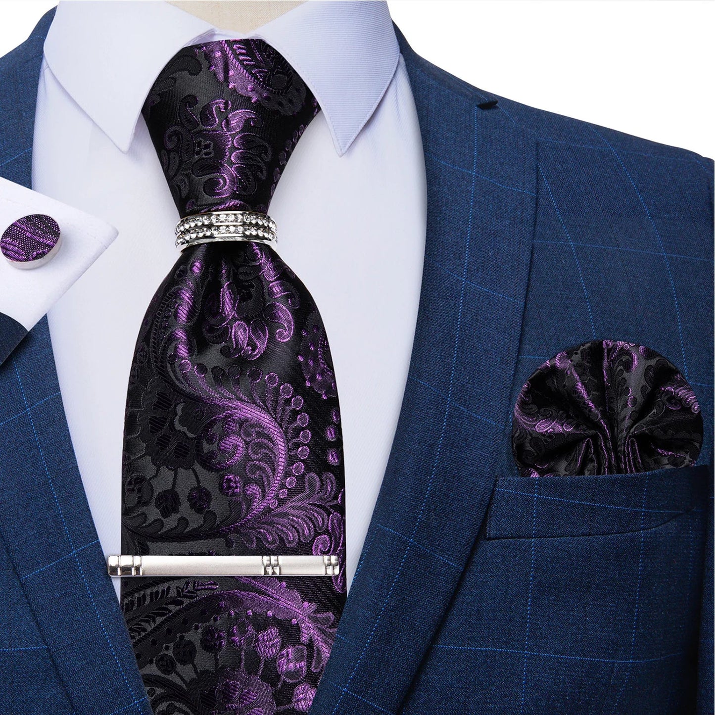 Blue Royal Dot Pliad Mens Tie set with Silver Clip and Ring Business Wedding Party Accessories 8cm Necktie Handkerchief Cufflink - Velora