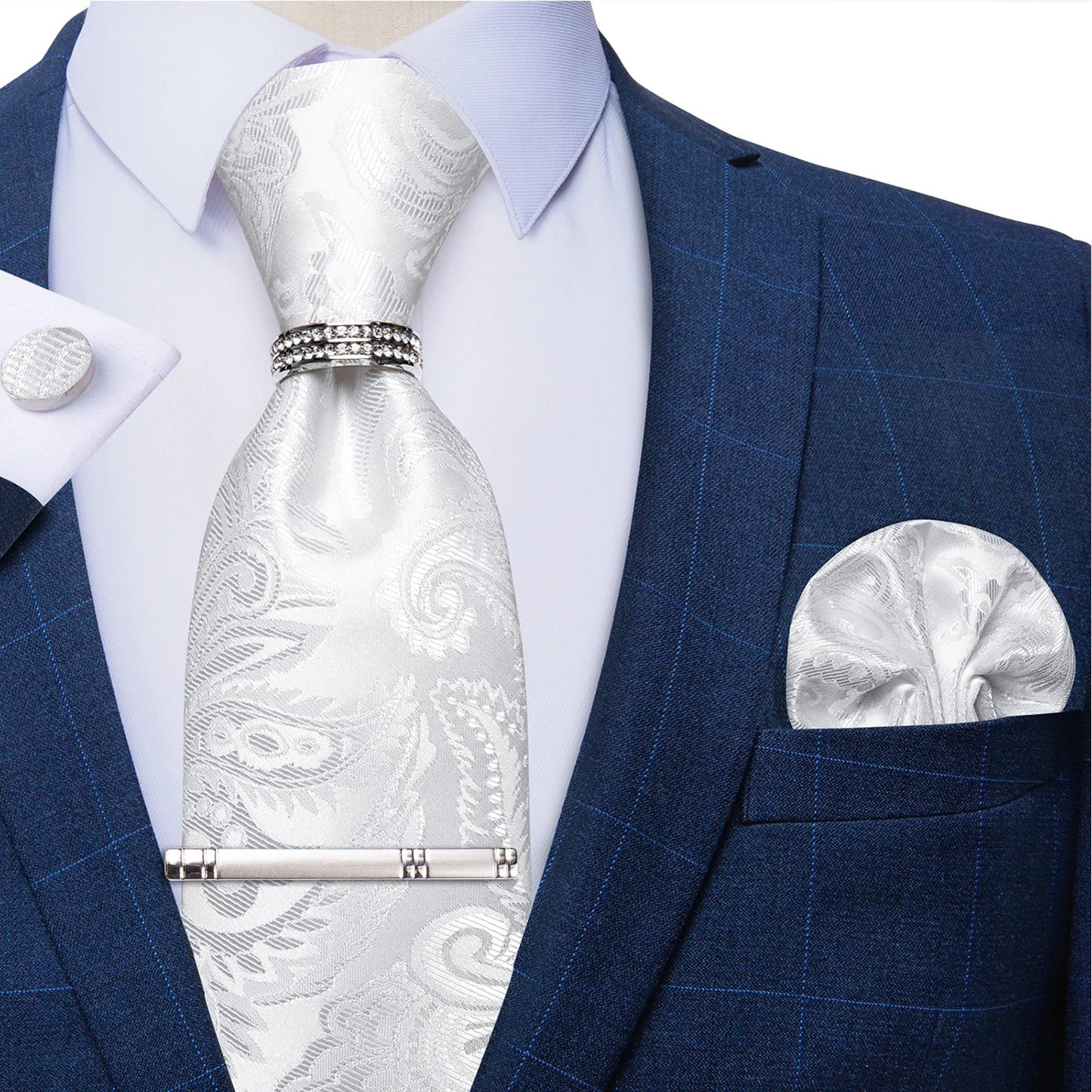 Blue Royal Dot Pliad Mens Tie set with Silver Clip and Ring Business Wedding Party Accessories 8cm Necktie Handkerchief Cufflink - Velora