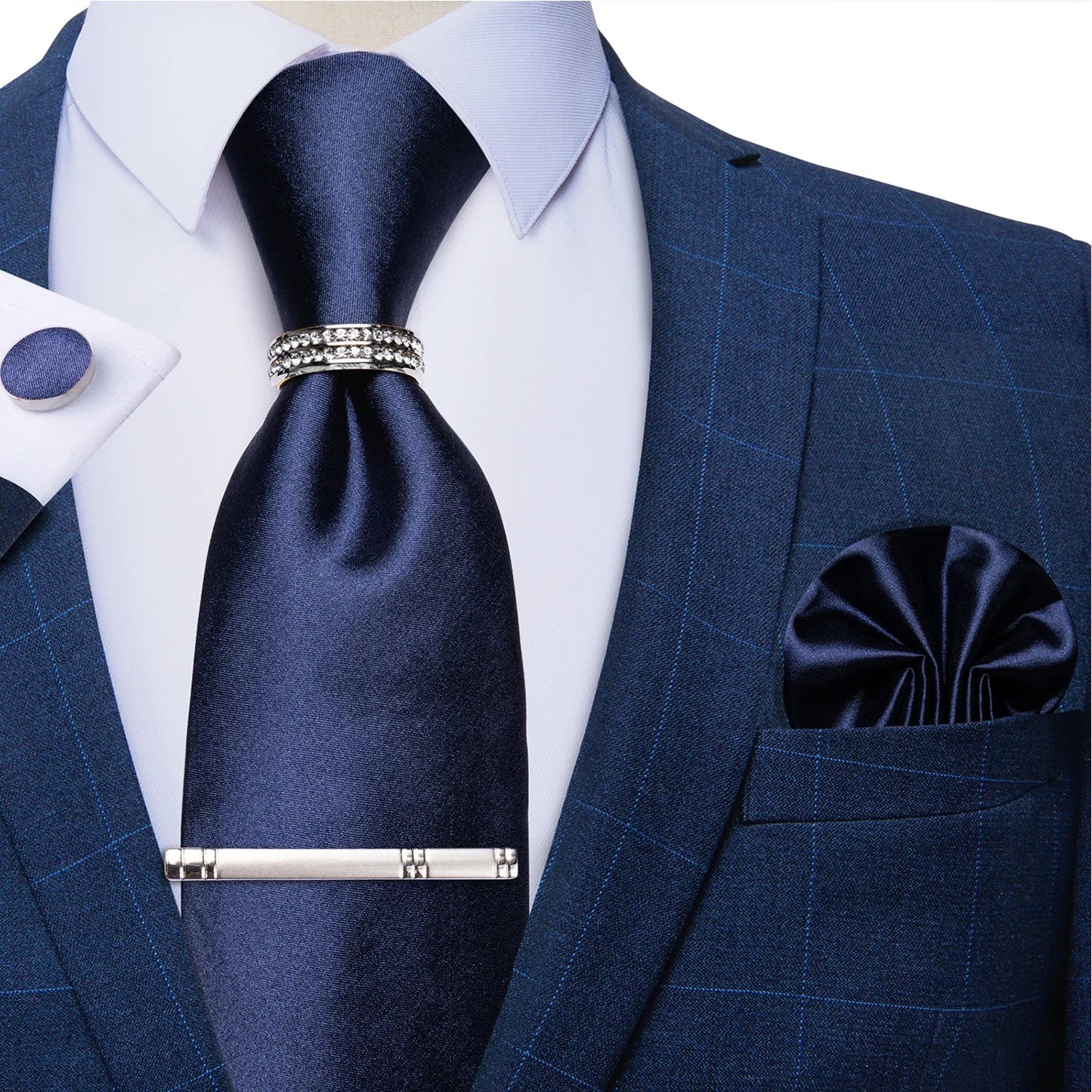 Blue Royal Dot Pliad Mens Tie set with Silver Clip and Ring Business Wedding Party Accessories 8cm Necktie Handkerchief Cufflink - Velora