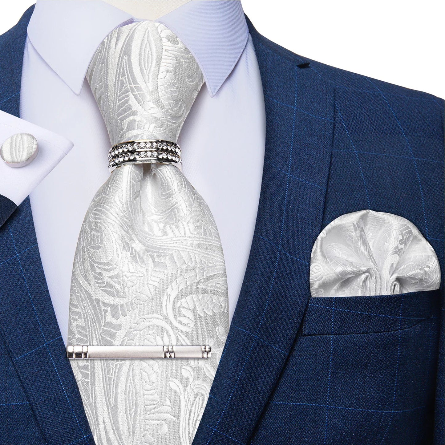 Blue Royal Dot Pliad Mens Tie set with Silver Clip and Ring Business Wedding Party Accessories 8cm Necktie Handkerchief Cufflink - Velora