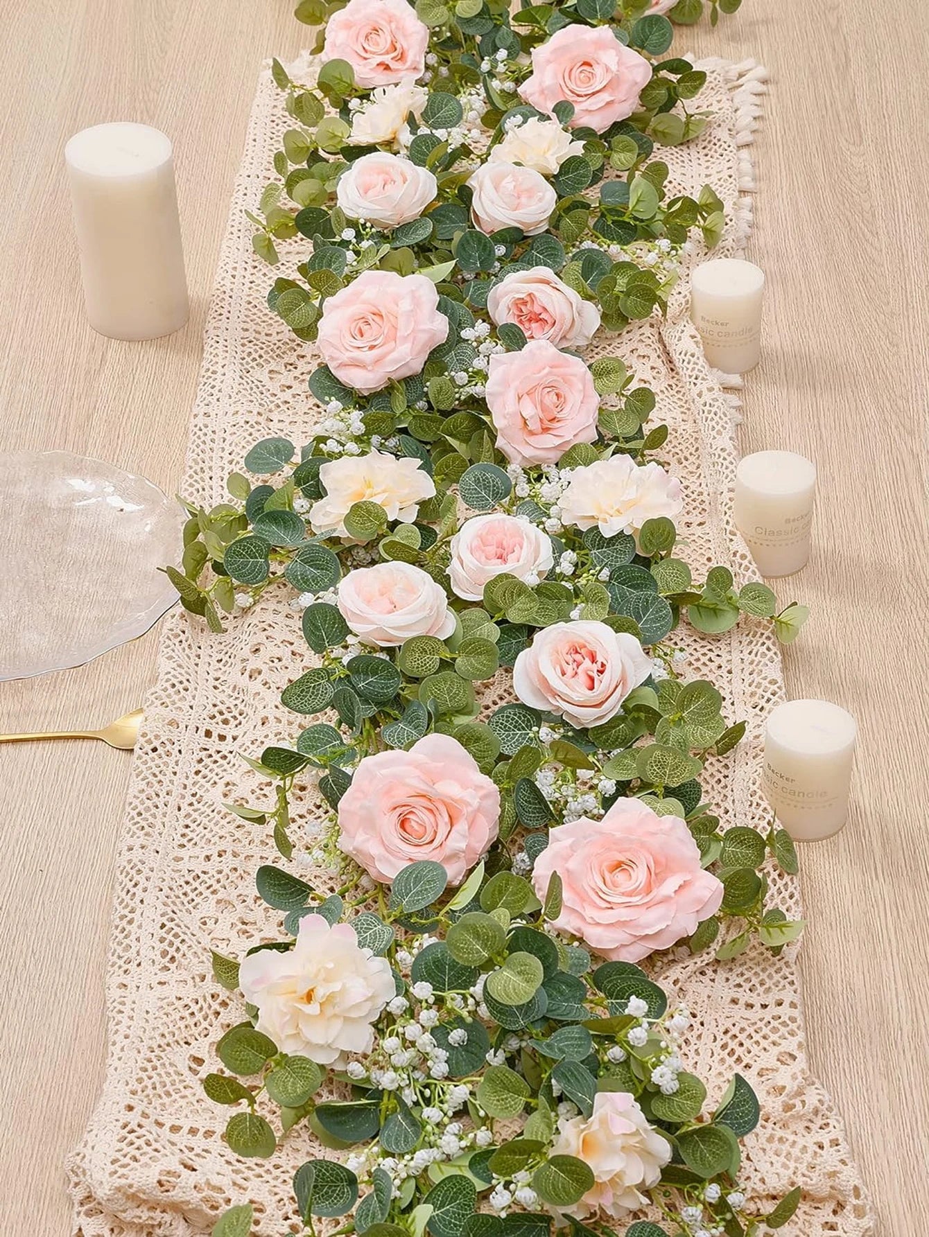 1pc 5.9FT Artificial Eucalyptus Vine Fake Rose Flowers Gypsophila Garland For Wedding Home Party Craft Art Table Runner Decor - Velora