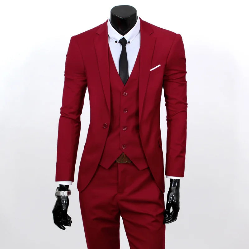Spring Autumn New Fashion Men's Trendy Slim Business Solid Color 3 Pieces of Suits Sets Single Greasted Blazers Waistcoat Pants - Velora