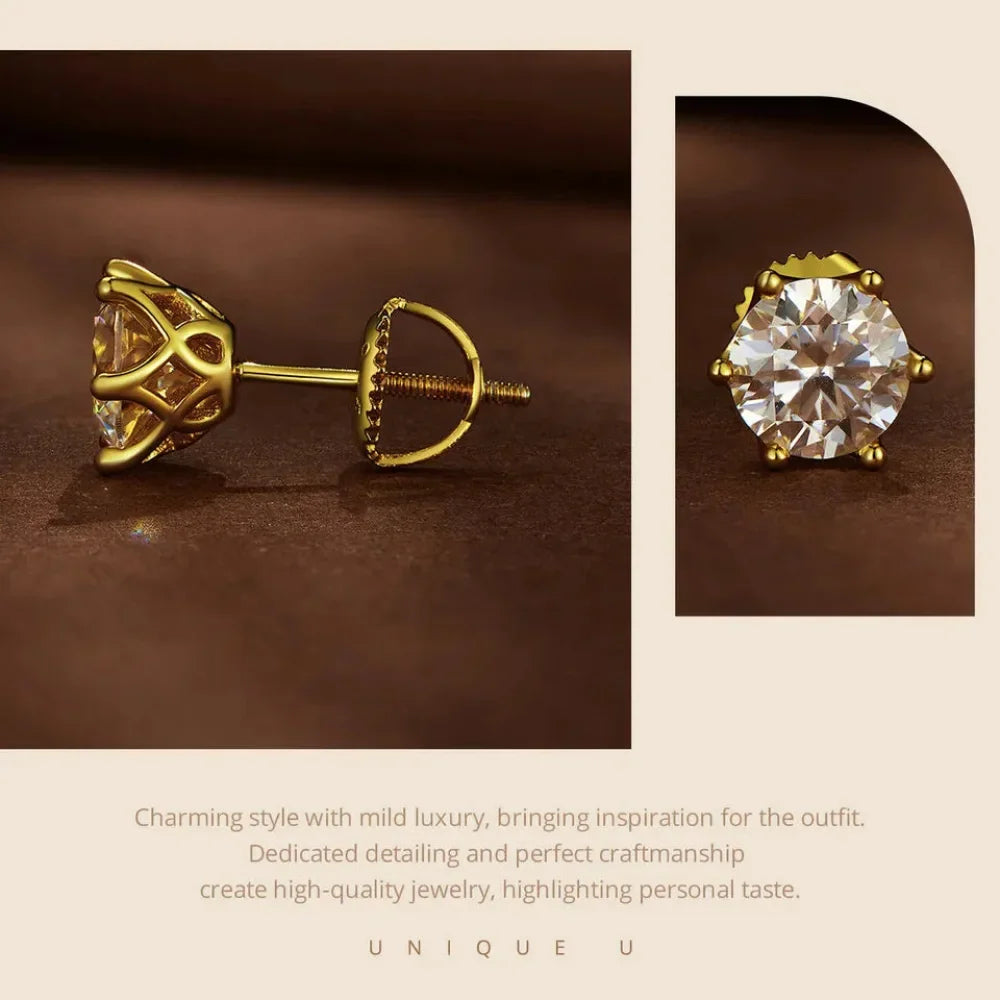 Radiant Moissanite Stud Earrings | D Color Round Cut 925 Silver, Gold Plated - Velora