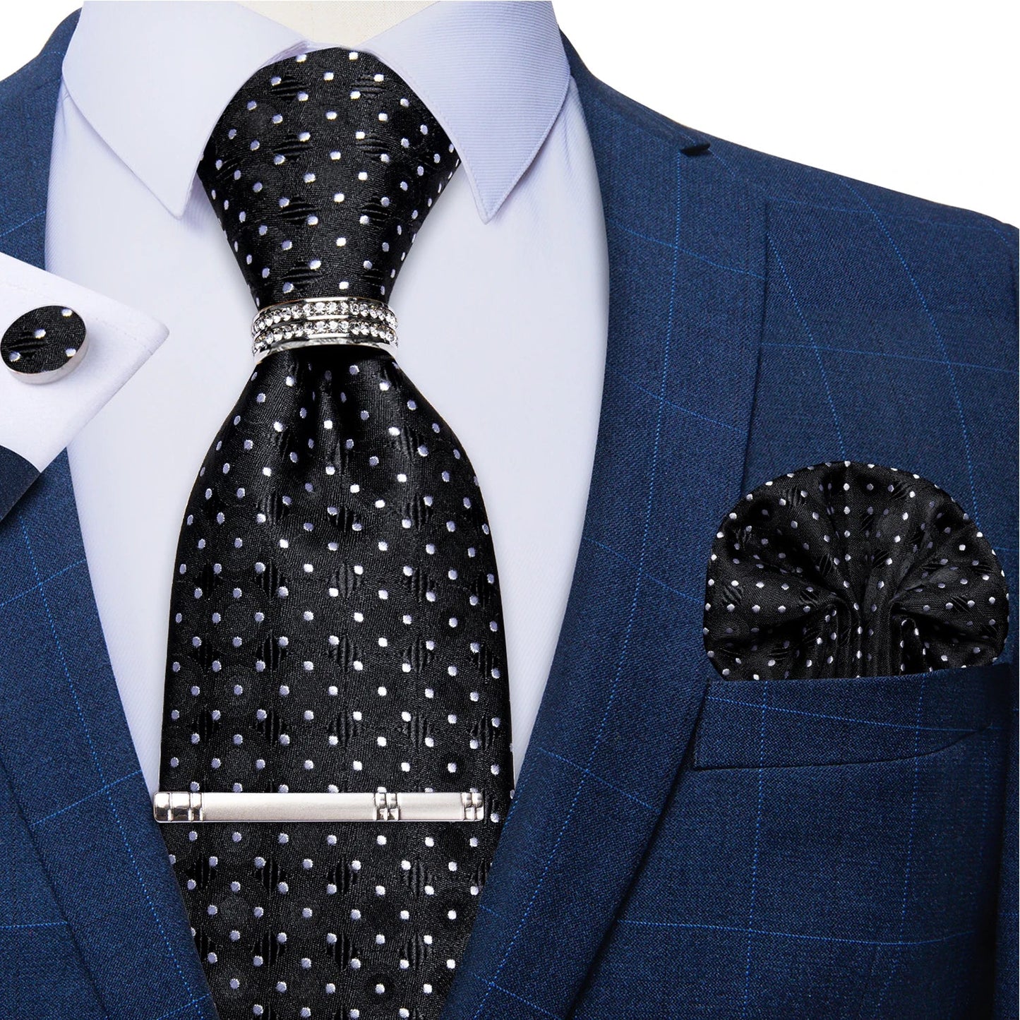 Blue Royal Dot Pliad Mens Tie set with Silver Clip and Ring Business Wedding Party Accessories 8cm Necktie Handkerchief Cufflink - Velora