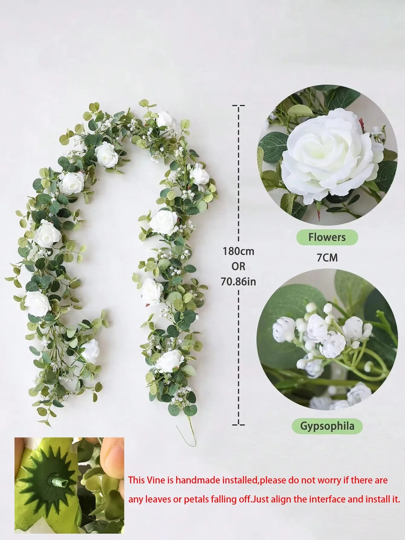 1pc 5.9FT Artificial Eucalyptus Vine Fake Rose Flowers Gypsophila Garland For Wedding Home Party Craft Art Table Runner Decor - Velora