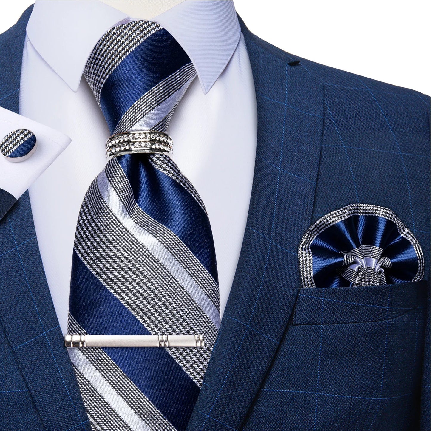 Blue Royal Dot Pliad Mens Tie set with Silver Clip and Ring Business Wedding Party Accessories 8cm Necktie Handkerchief Cufflink - Velora