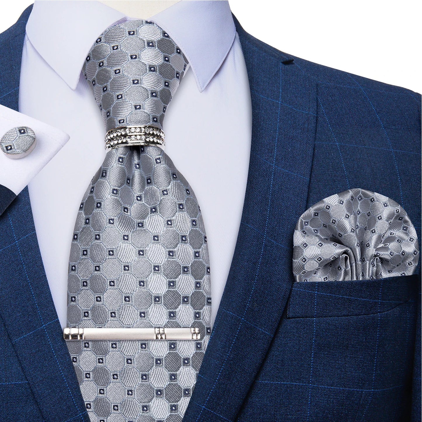 Blue Royal Dot Pliad Mens Tie set with Silver Clip and Ring Business Wedding Party Accessories 8cm Necktie Handkerchief Cufflink - Velora